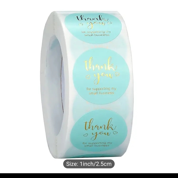 500 Count Thank You Stickers Roll W/ Fake Gold on Turquoise New - Picture 2 of 3